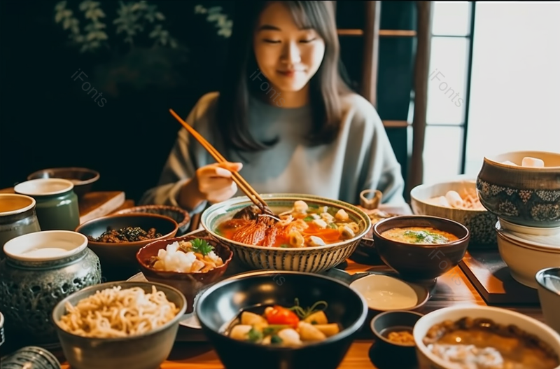 微笑的年轻亚洲女人享受精致的日式料理与各种配菜,海鲜和绿茶在餐厅,高清,摄影图,摄影图片,图片大全,摄影图免费下载